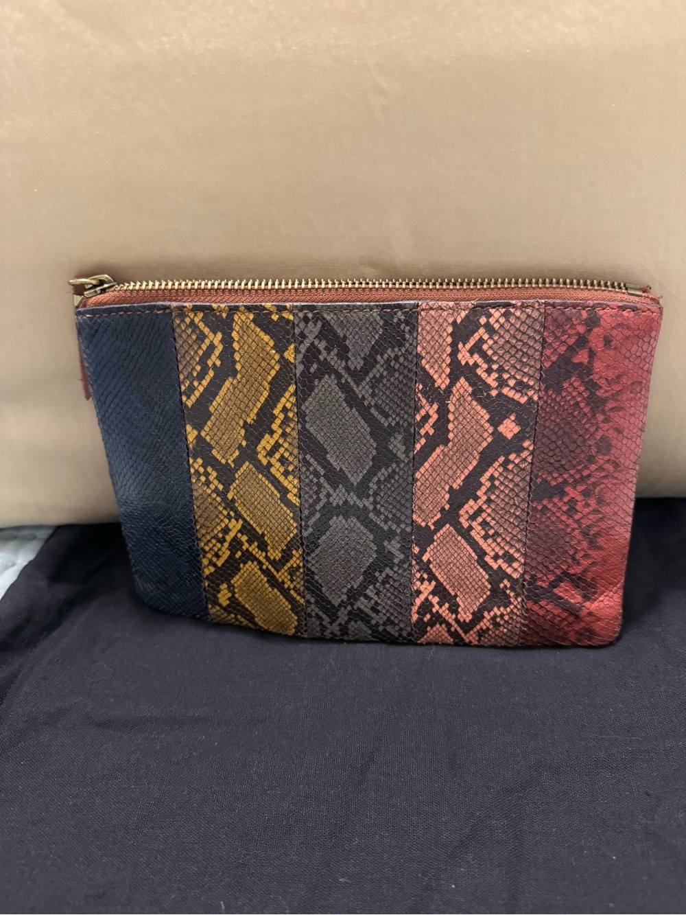 Striped Snake-Print Pouch in Navy, Mustard, Gray, Pink, Red